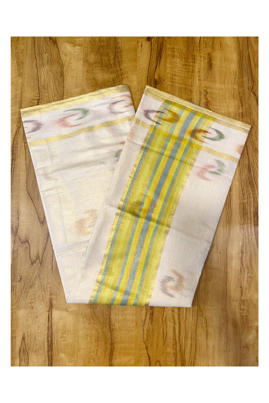 Southloom Kerala Tissue Kasavu Saree with Multi Colour Pochampally Design on Borders and Kara