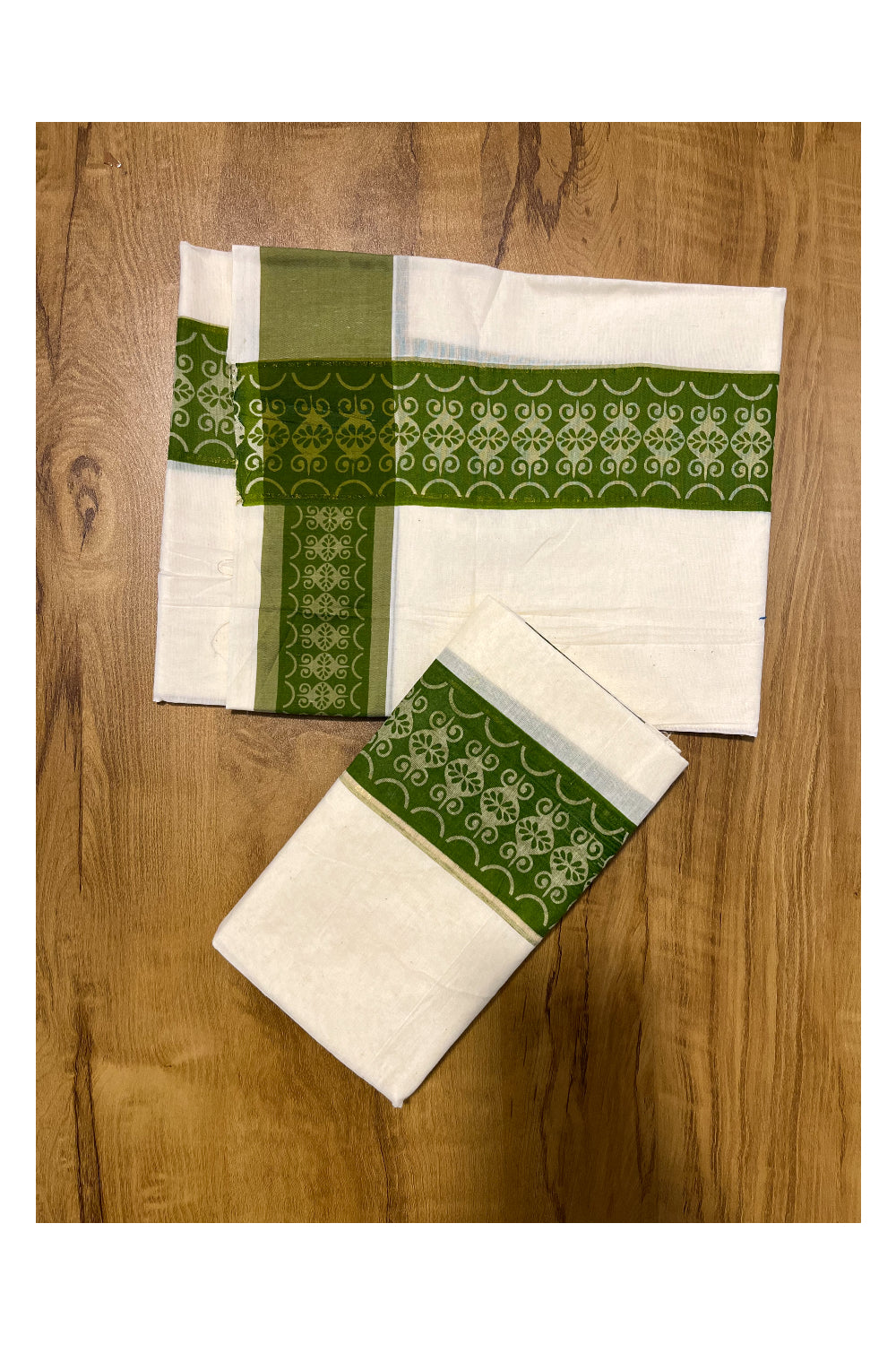 Kerala Cotton Single Set Mundu (Mundum Neriyathum) with Green Block print Border 2.80Mtrs