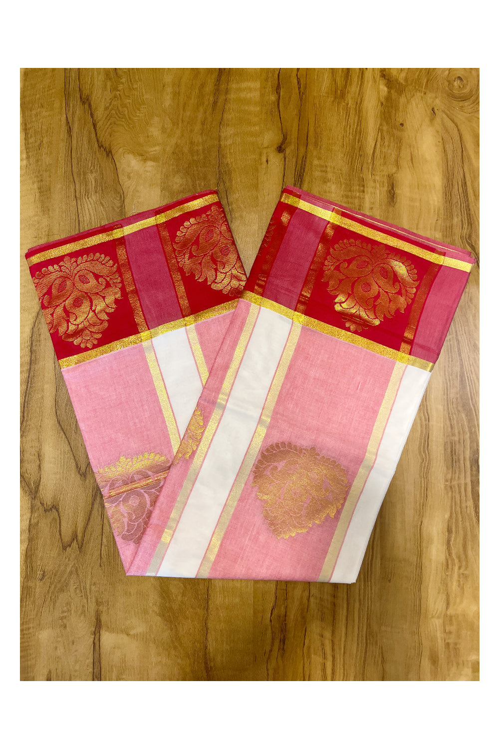 Kerala Kasavu Heavy Work Cotton Saree with Pink And Red Border