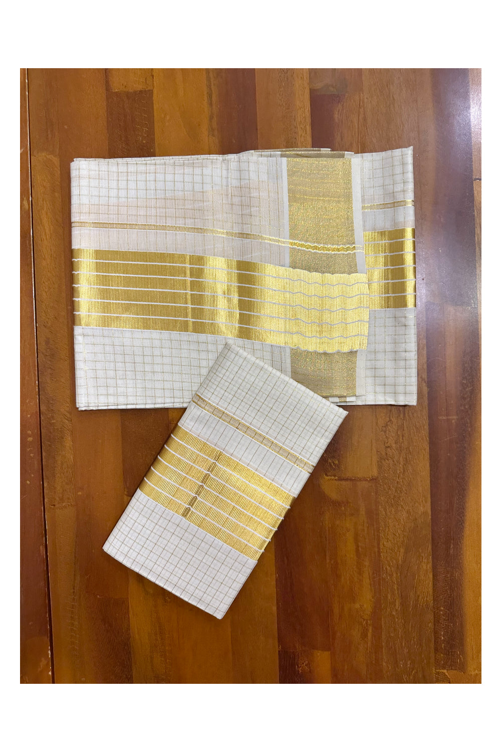 Pure Cotton Kerala Set Mundu with Kasavu Checkes on Body (Handloom Quality Kasavu Used - 2.80 Mtrs)