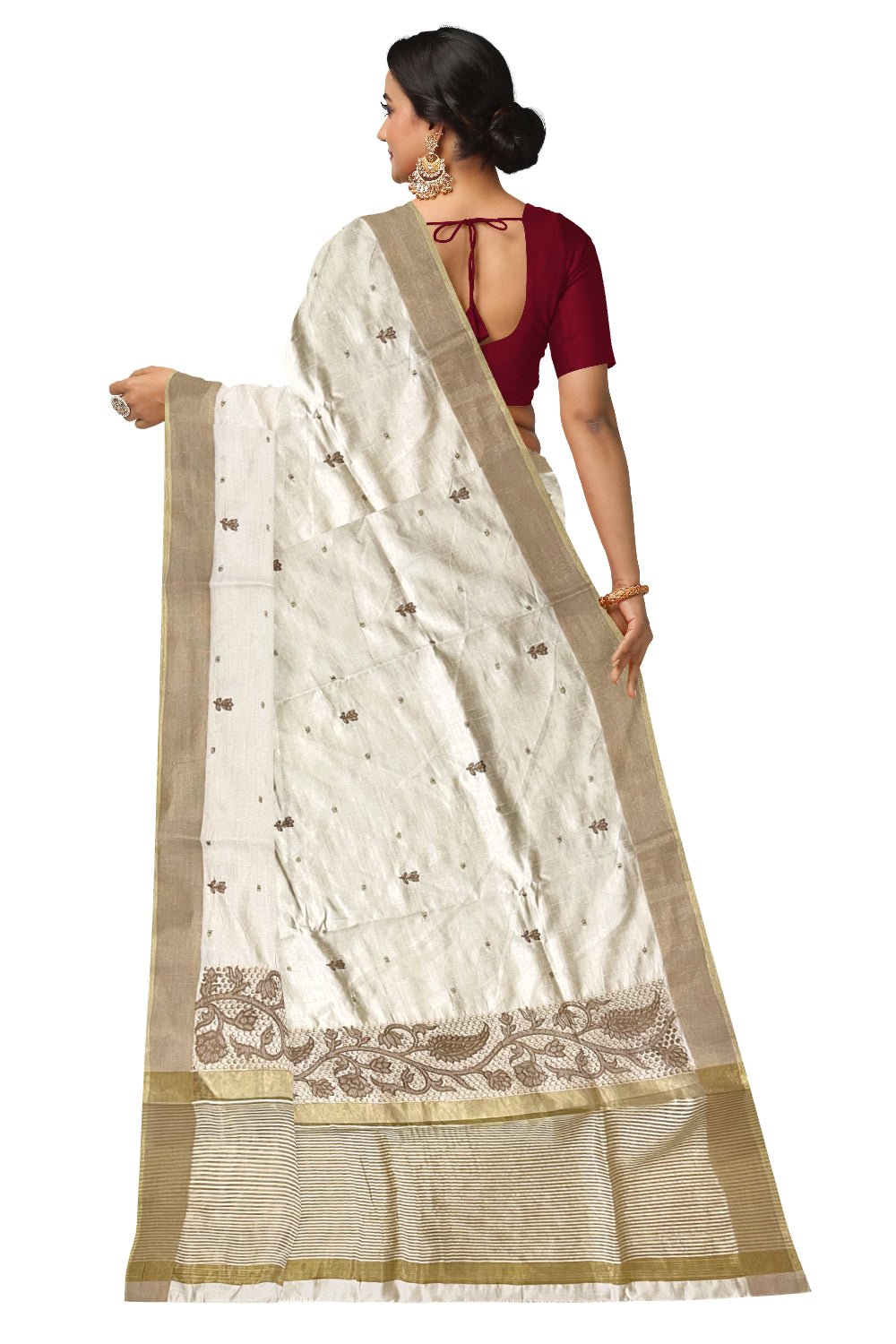 Southloom Off White Thread Work Cotton Saree with Hacoba Floral Designs on Munthani