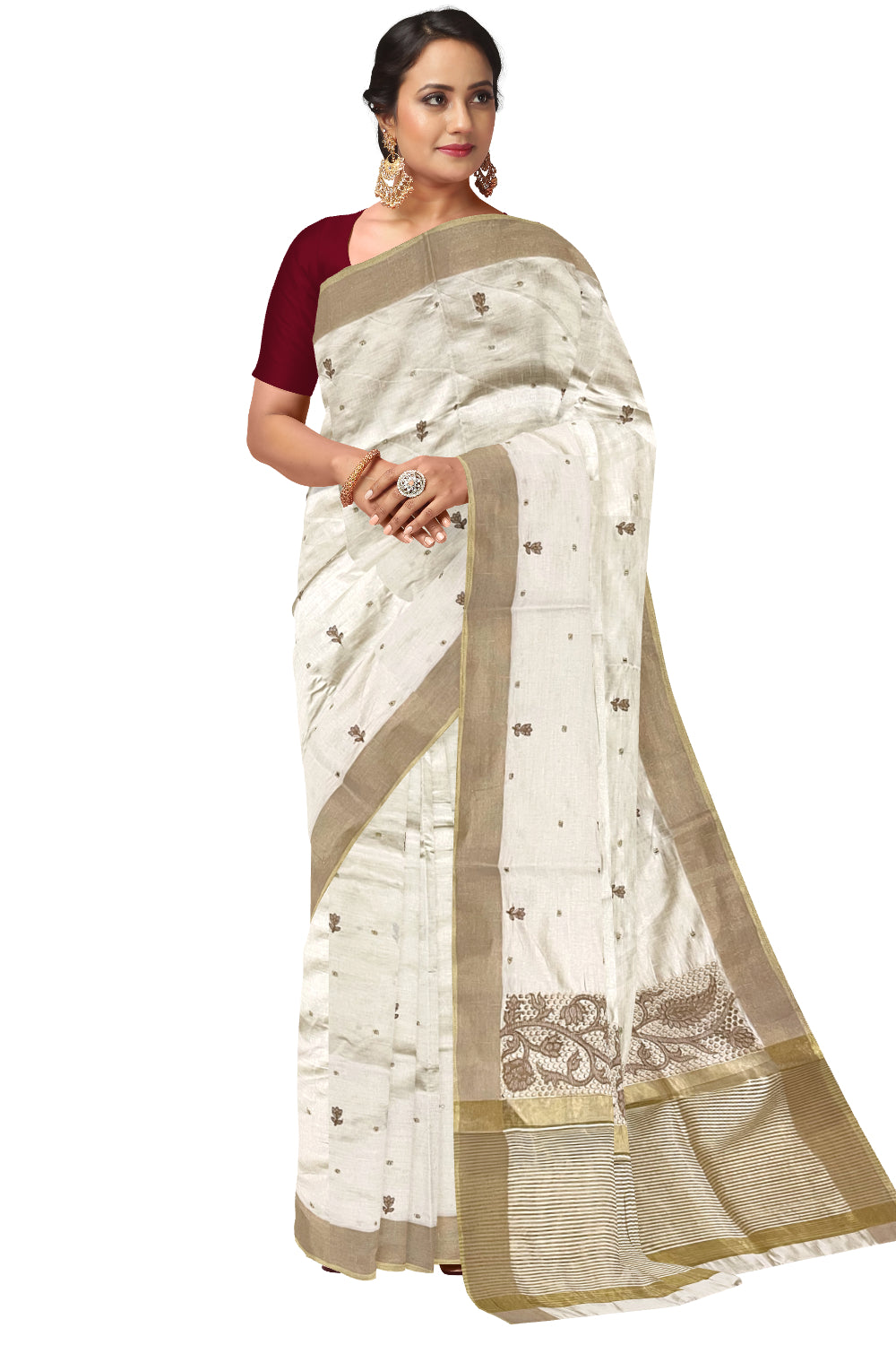 Southloom Off White Thread Work Cotton Saree with Hacoba Floral Designs on Munthani