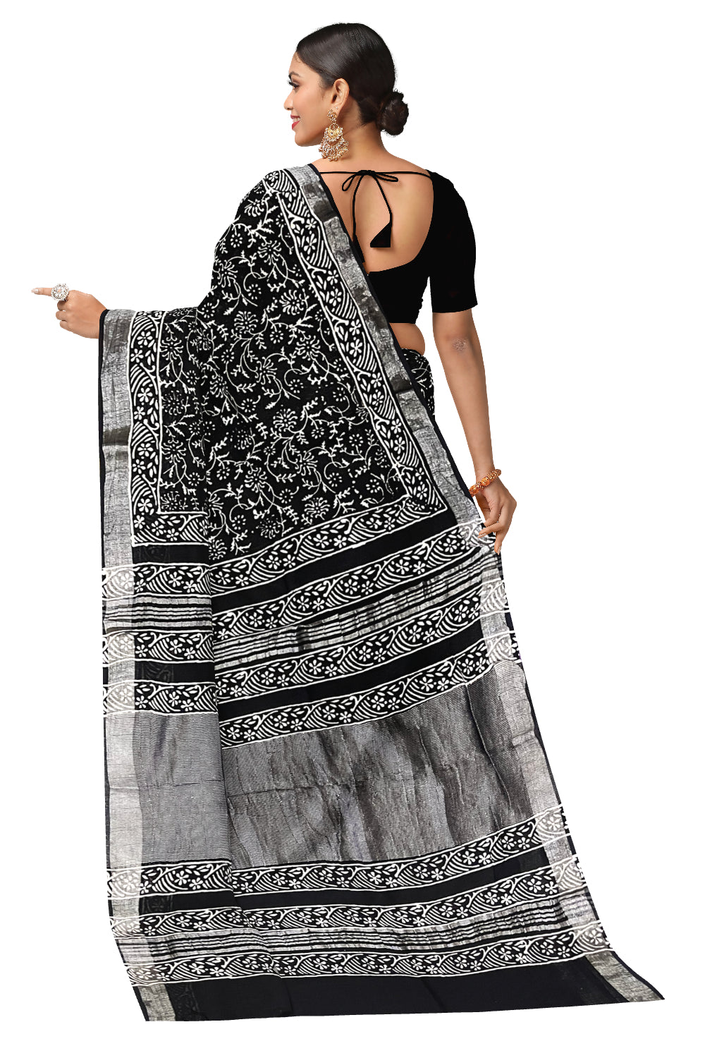 Southloom Designer Printed Black Linen Saree