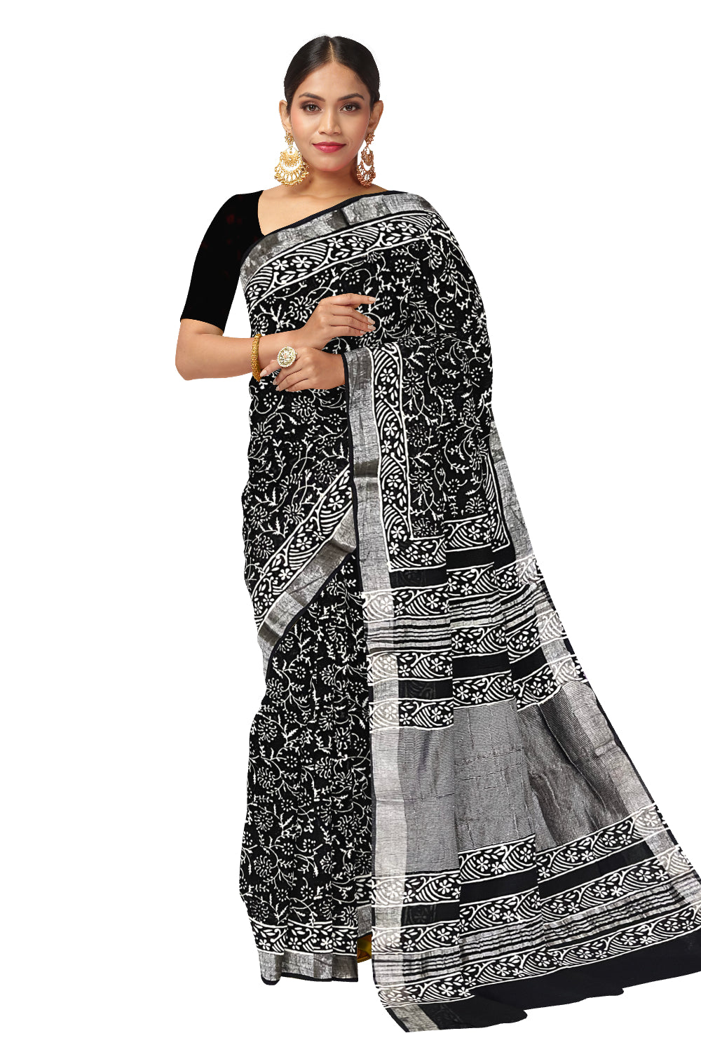 Southloom Designer Printed Black Linen Saree