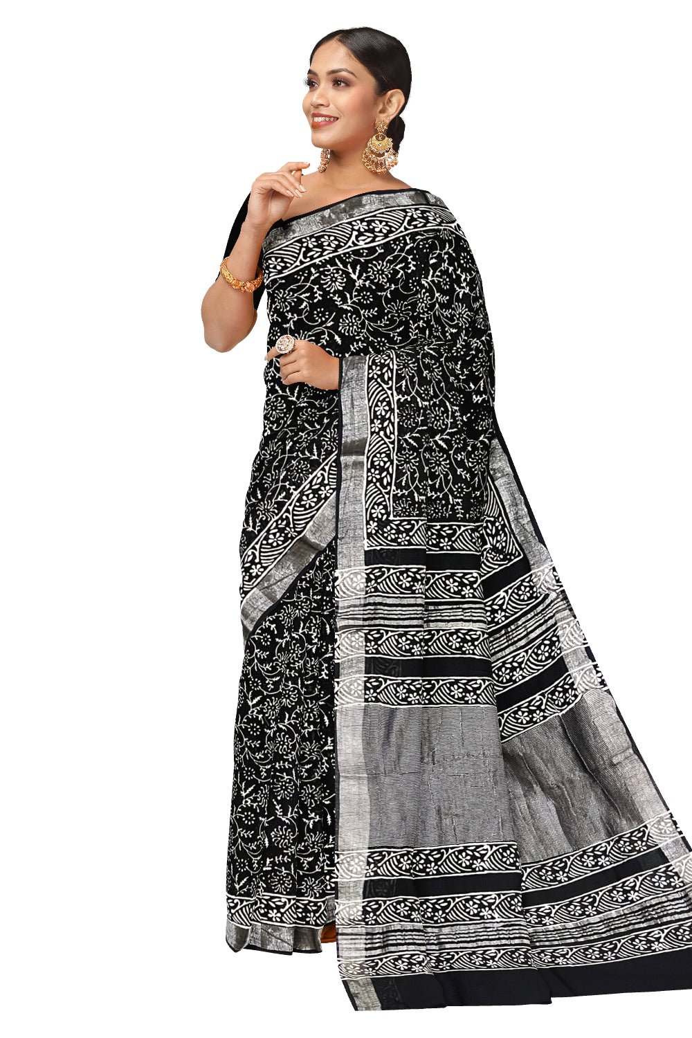 Southloom Designer Printed Black Linen Saree