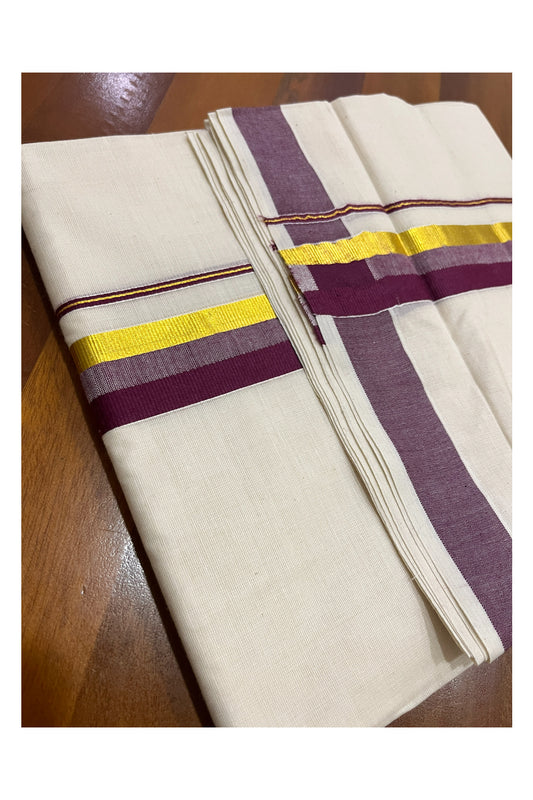 Pure Cotton Kerala Double Mundu with Purple and Kasavu Kara (South Indian Kerala Dhoti)