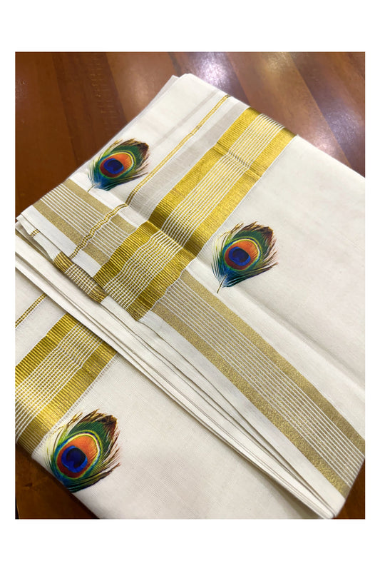 Southloom Lines Kasavu Double Mundu with Mural Print Along Kara