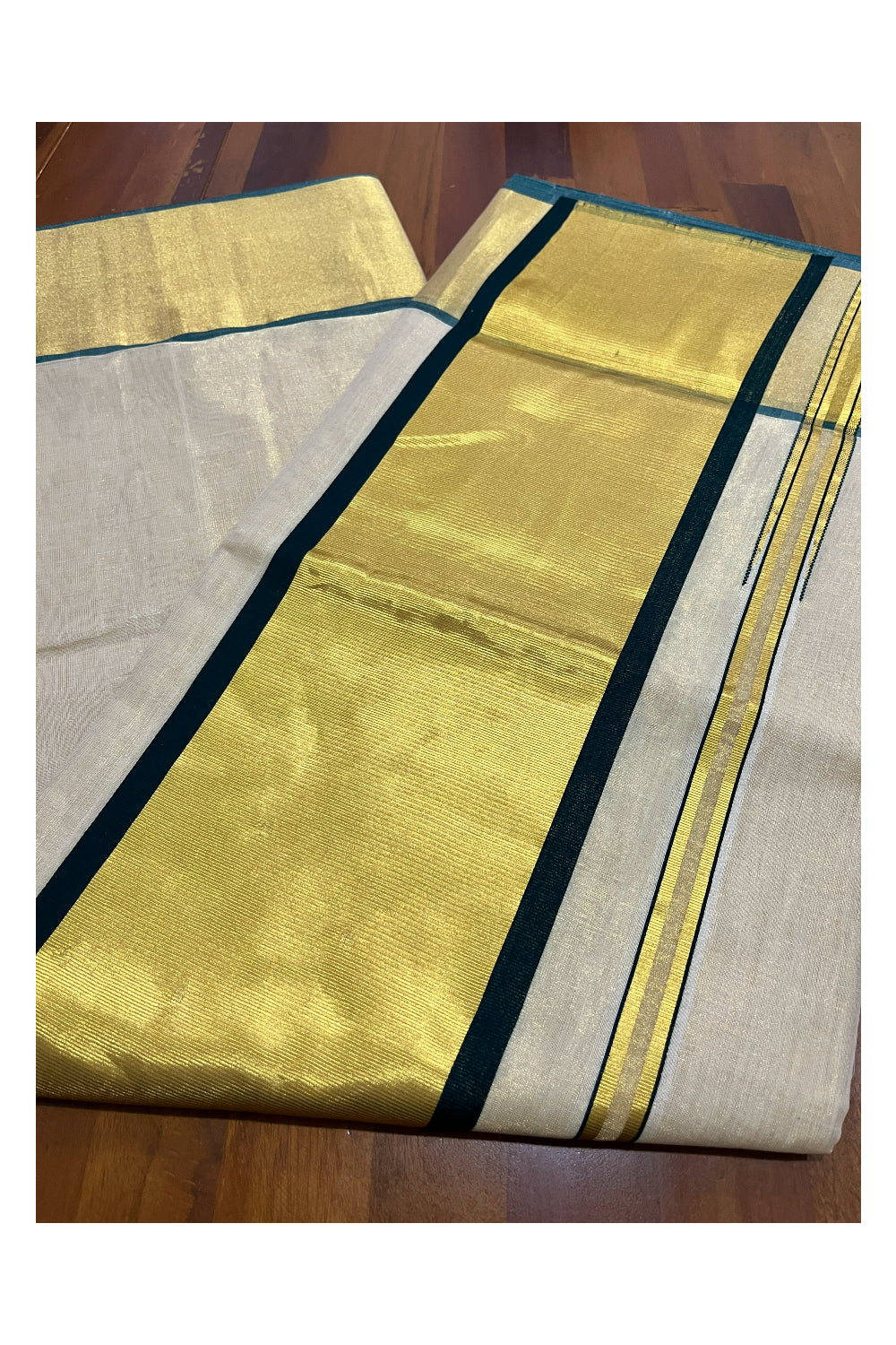 Southloom Premium Handloom Tissue Saree with Green and Kasavu Border