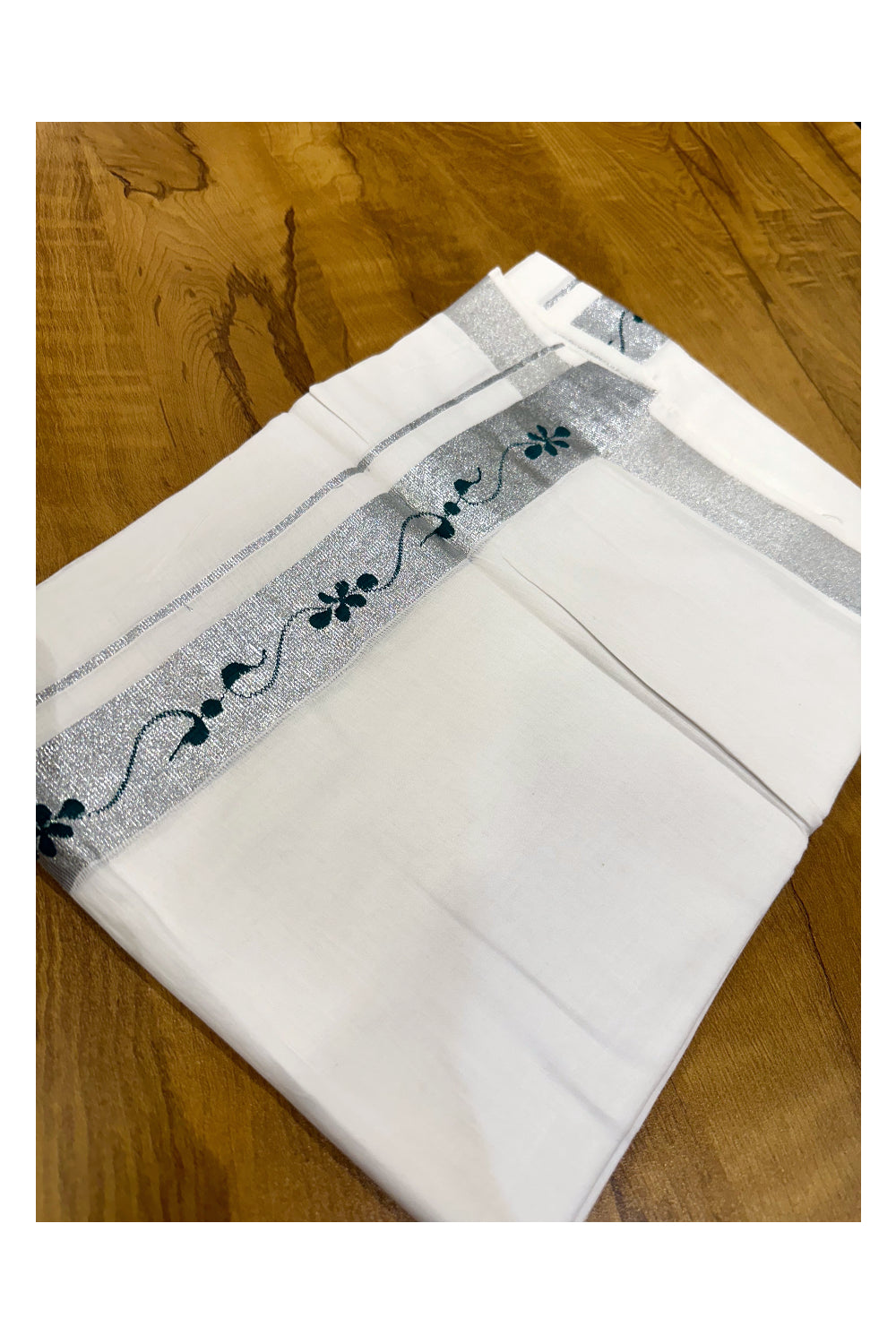 Pure White Cotton Double Mundu with Dark Green Prints on Silver Kasavu Border (South Indian Kerala Dhoti)