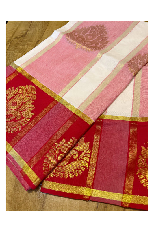 Kerala Kasavu Heavy Work Cotton Saree with Pink And Red Border