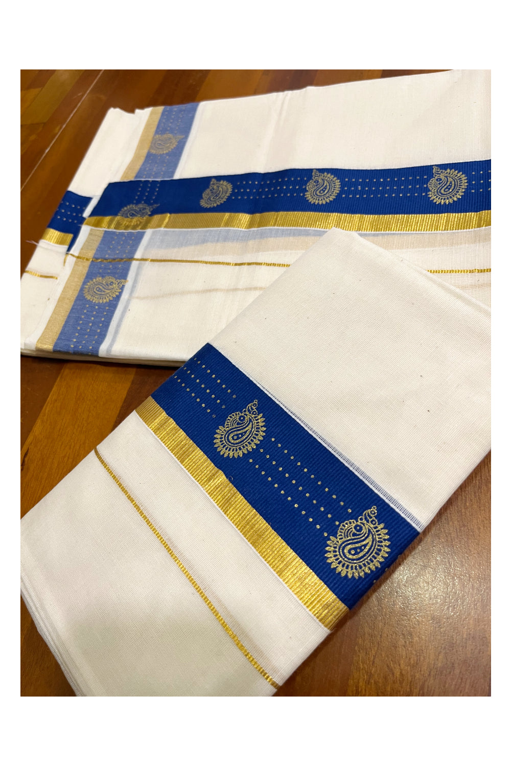 Kerala Pure Cotton Single Set Mundu (Mundum Neriyathum) with Block Prints on Blue and Kasav Border