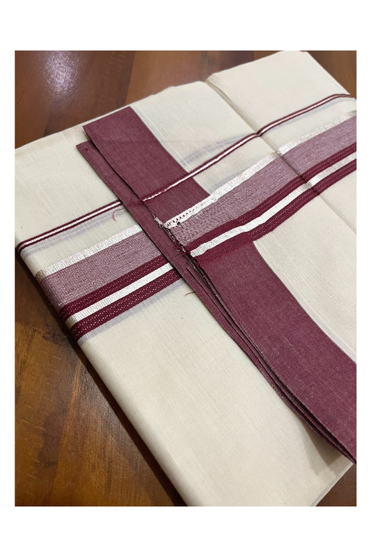 Pure Cotton 100x100 Double Mundu with Silver Kasavu and Maroon Border (Onam Mundu 2023)