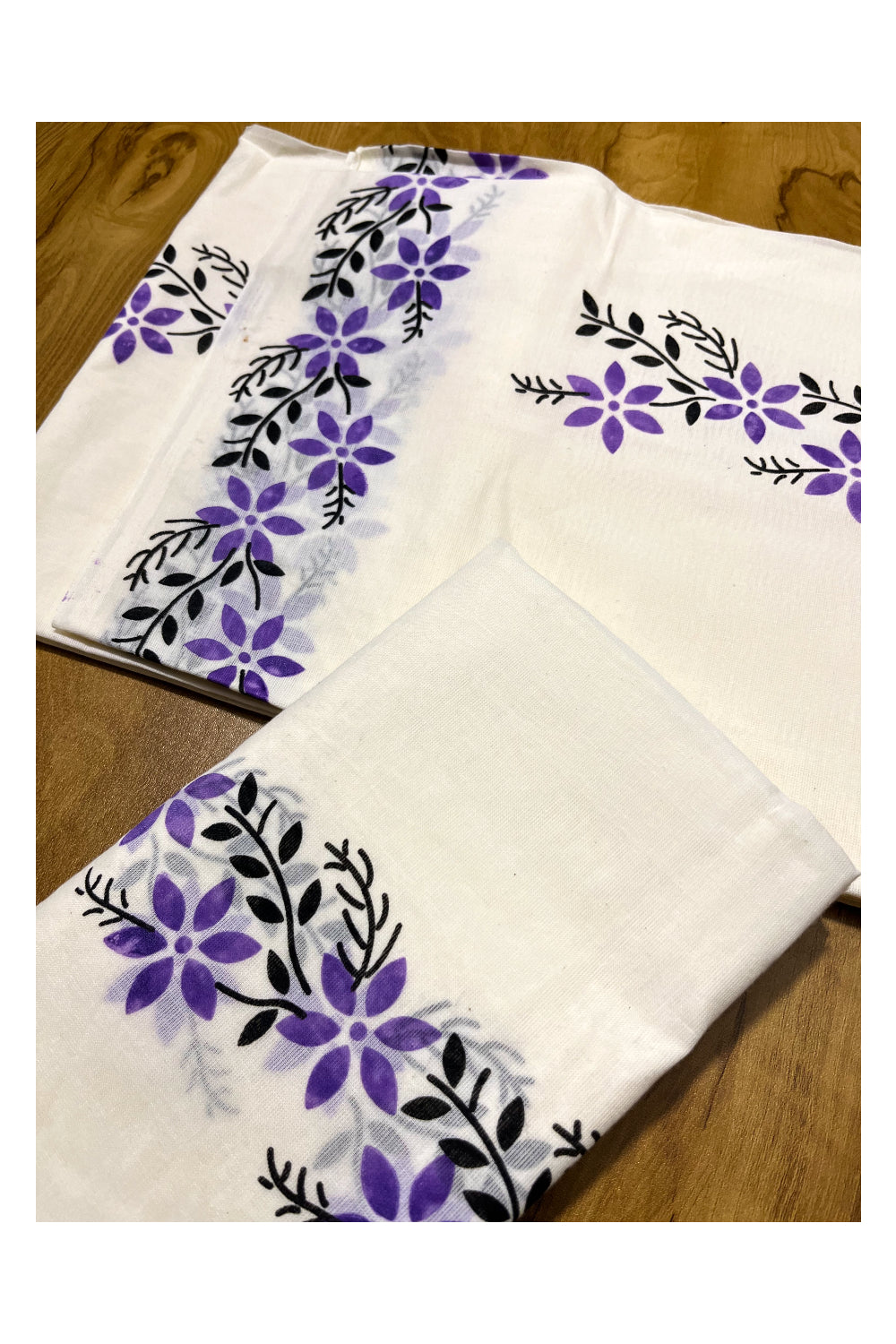 Pure Cotton Kerala Set Mundu (Mundum Neriyathum) with Lavender Floral Block Printed Border