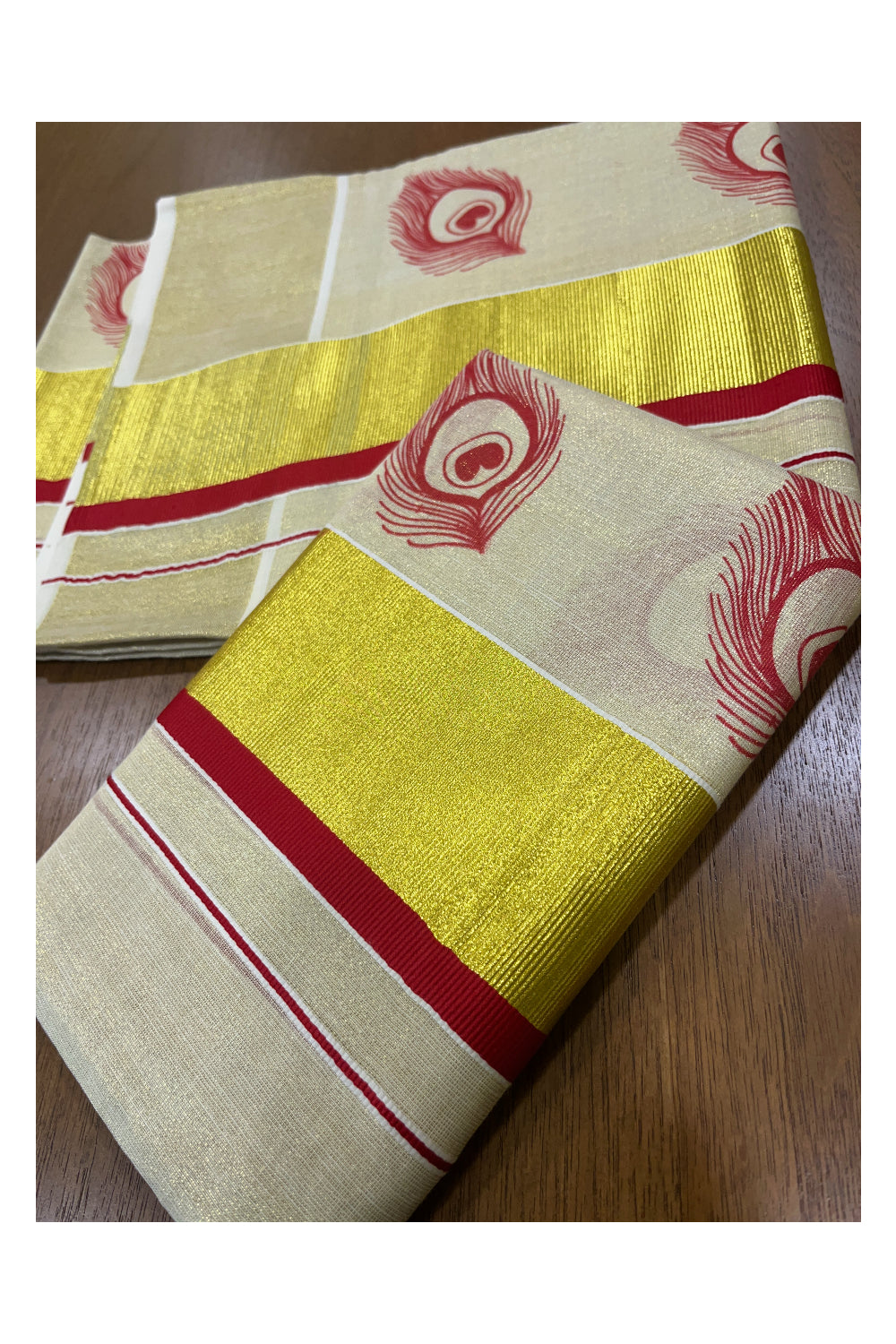 Kerala Tissue Kasavu Set Mundu (Mundum Neriyathum) with Red Feather Block Prints on Border 2.80 Mtrs