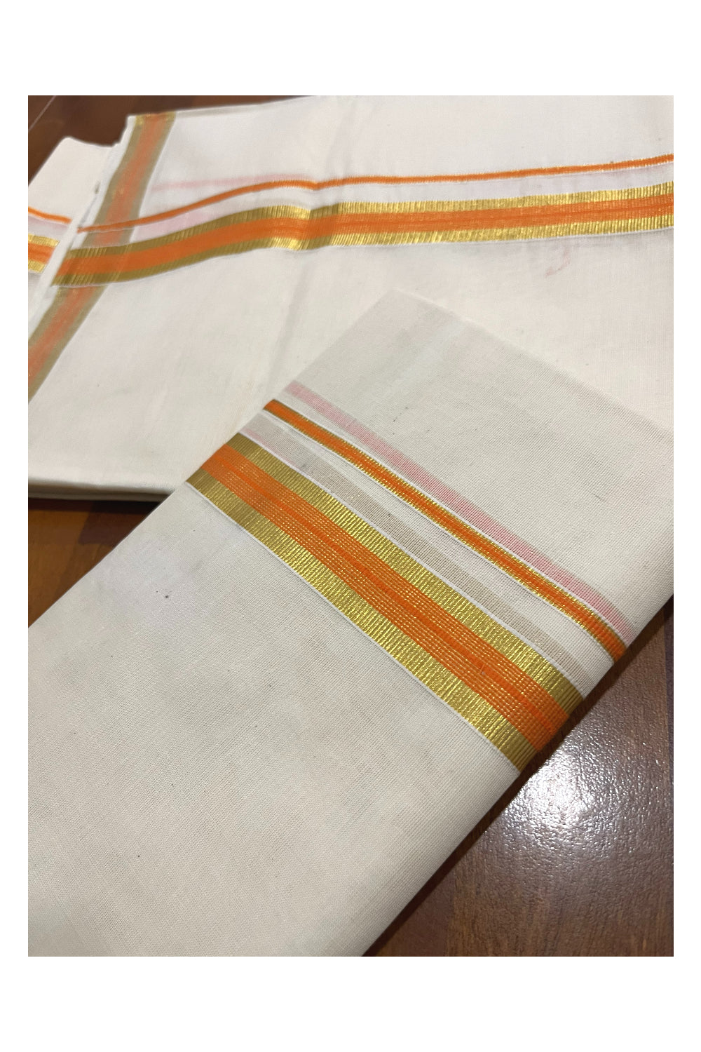 Pure Cotton Kerala Single Set Mundu (Mundum Neriyathum) with Orange and Kasavu Border 2.80 Mtrs