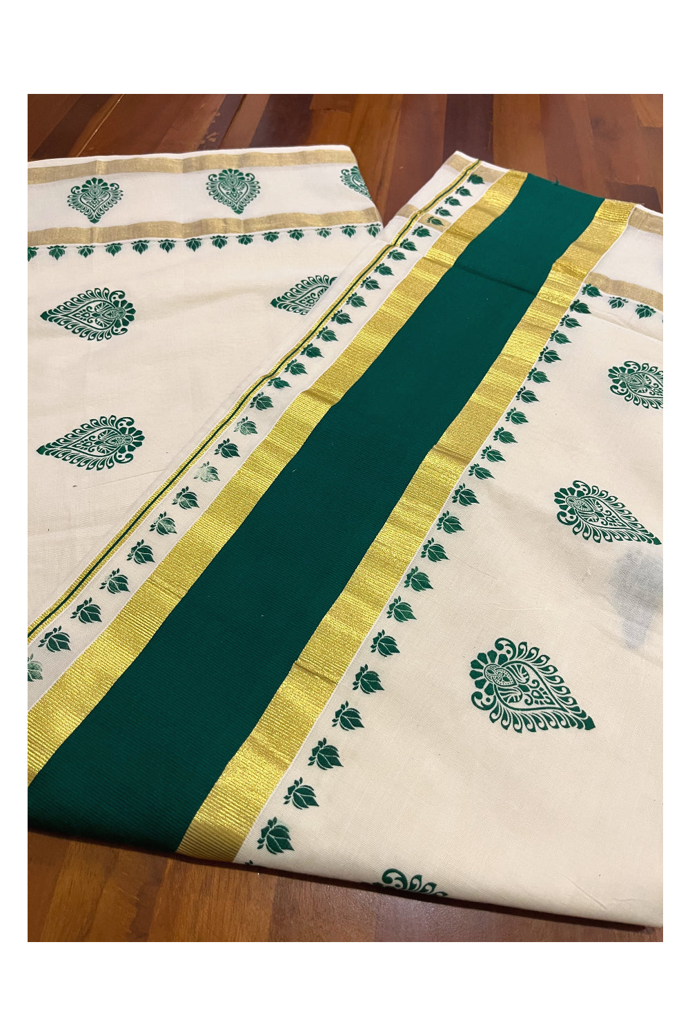 Pure Cotton Kerala Saree with Green Block Printed Kasavu Border (Onam Saree 2023)