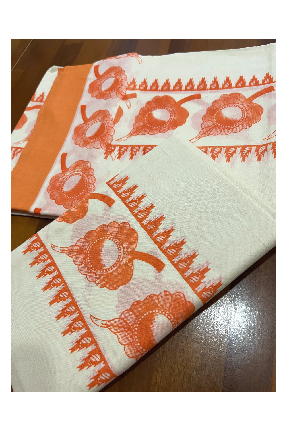 Kerala Cotton Mundum Neriyathum Single (Set Mundu) with Orange Leaf Block Prints in Border 2.80 Mtrs