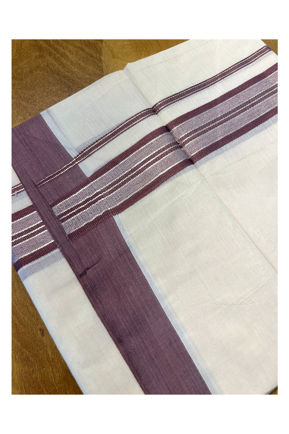 Pure Cotton Off White Double Mundu with Silver Kasavu and Violet Kara (South Indian Kerala Dhoti)