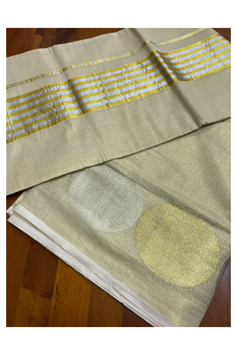 Kerala Tissue Kasavu Plain Saree with Golden and Silver Polka works across the Border and Lines Pallu