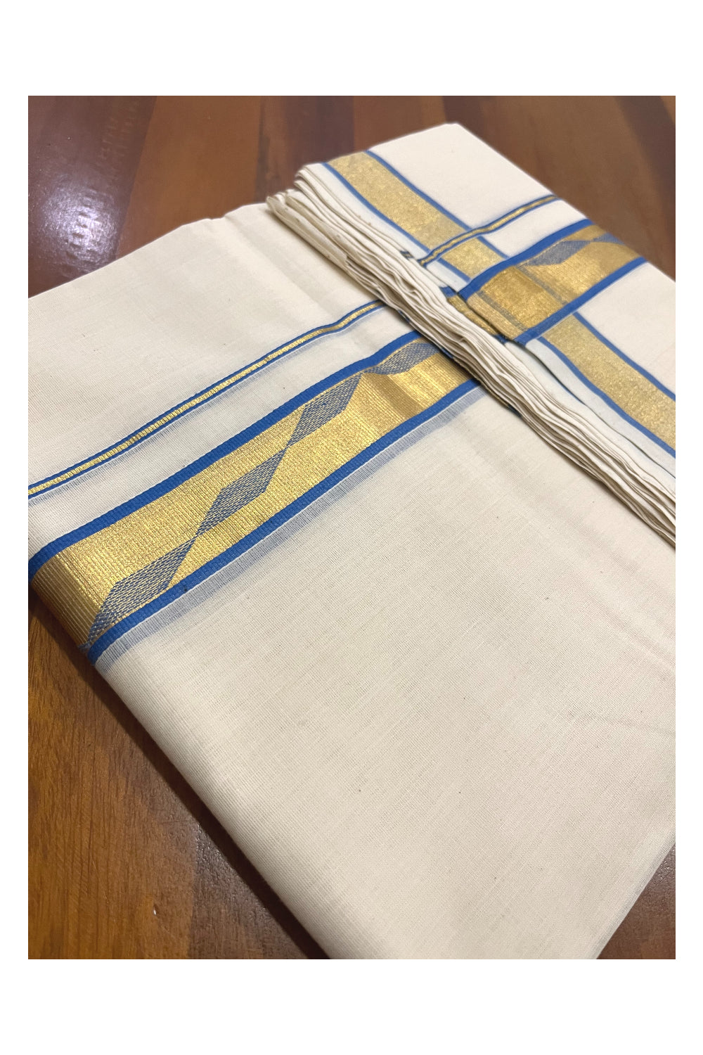 Southloom Premium Balaramapuram Unakkupaavu Handloom Mundu with Blue and Kasavu Woven Border (South Indian Kerala Dhoti)