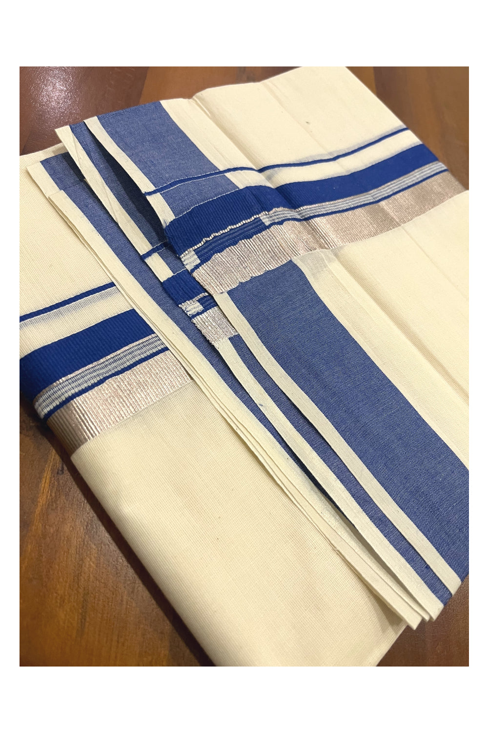 Pure Cotton Kerala Double Mundu with Blue and Silver Kasavu Kara (South Indian Kerala Dhoti)