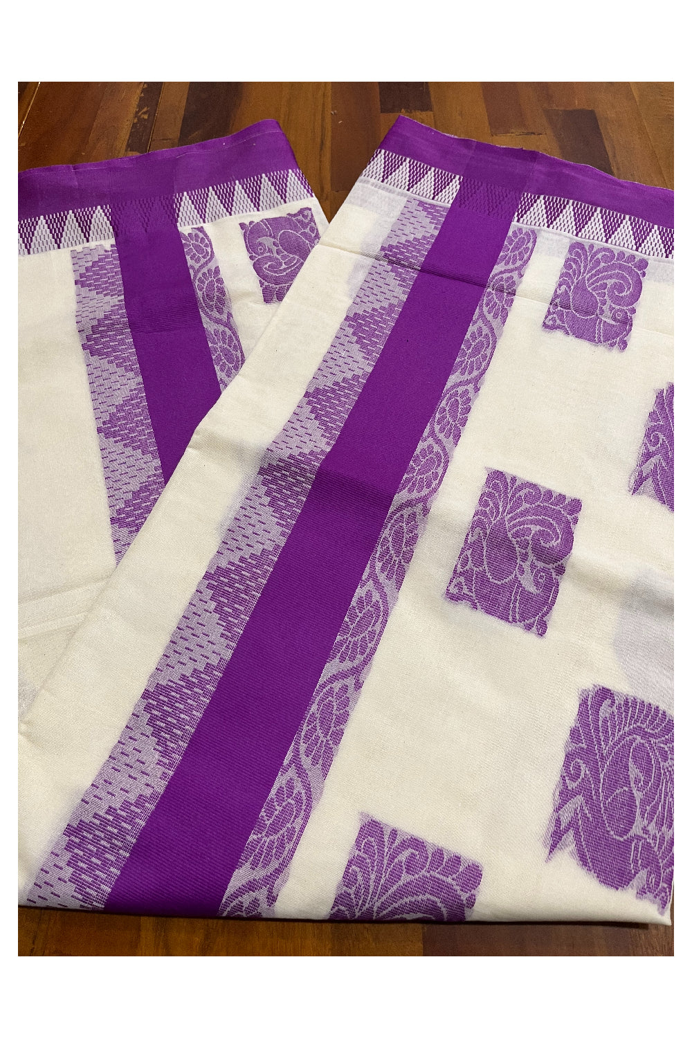 Pure Cotton Kerala Saree with Violet Heavy Woven Designs and Temple Border (Vishu 2024 Collection)