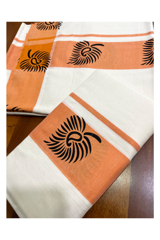 Kerala Pure Cotton Set Mundu (Mundum Neriyathum) with Block Printed Orange Border 2.80 Mtrs