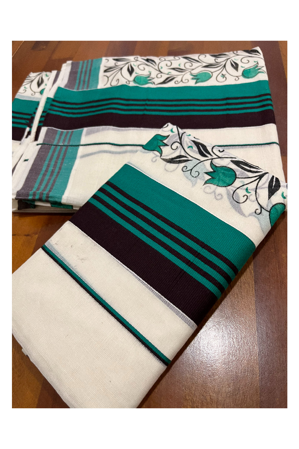 Southloom Pure Cotton Kerala Single Set Mundu with Floral Block Prints on Green Black Border