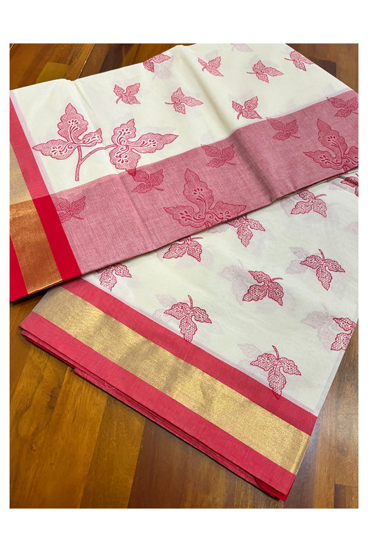 Pure Cotton Kerala Saree with Pink Block Print Leaf Designs and Kasavu Border (Vishu 2024 Collection)