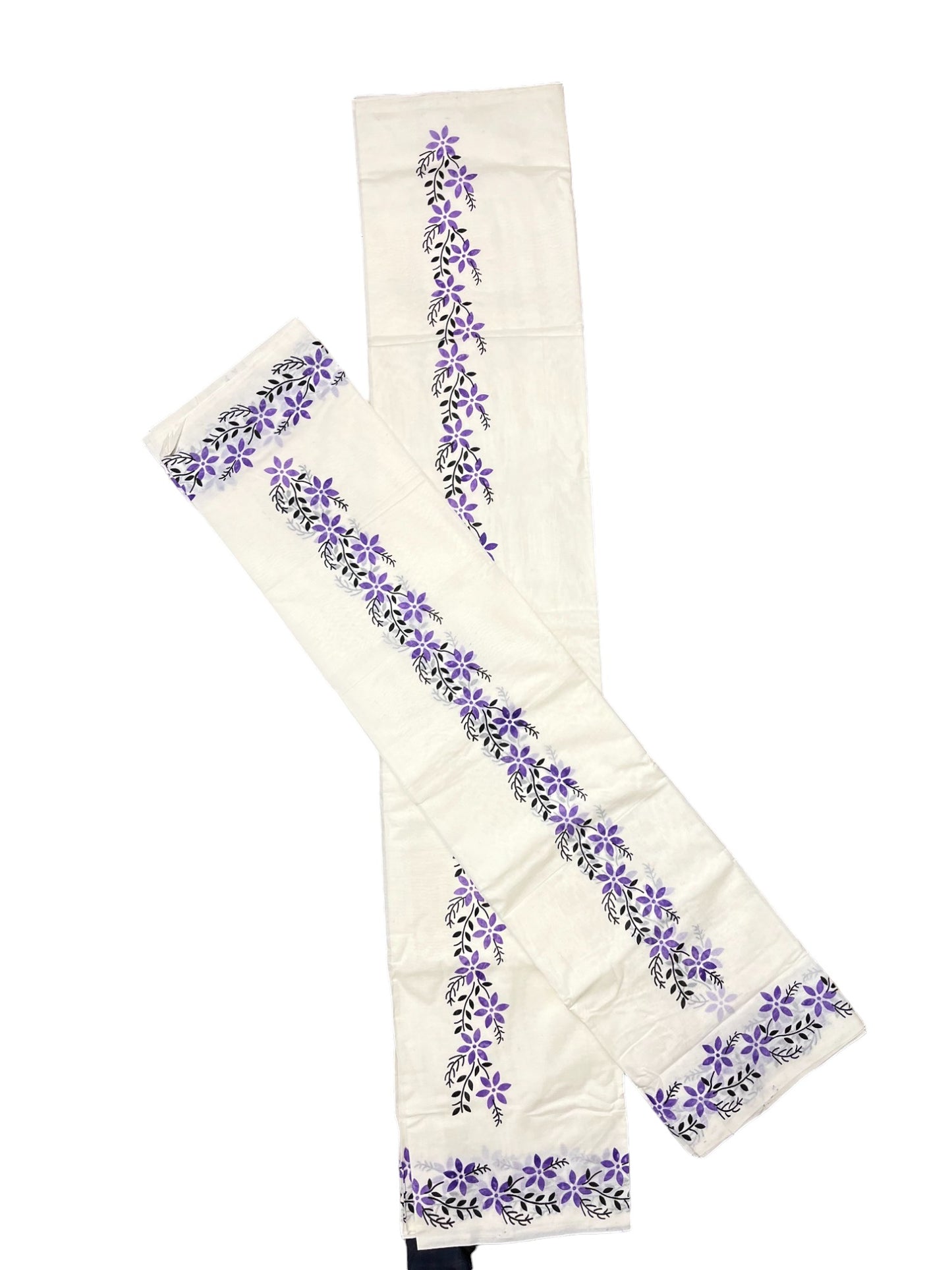 Pure Cotton Kerala Set Mundu (Mundum Neriyathum) with Lavender Floral Block Printed Border