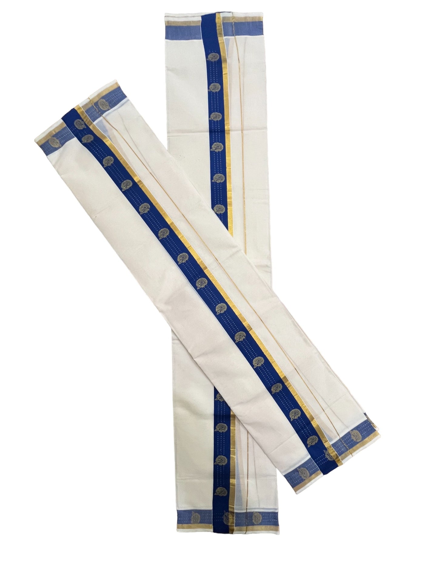 Kerala Pure Cotton Single Set Mundu (Mundum Neriyathum) with Block Prints on Blue and Kasav Border