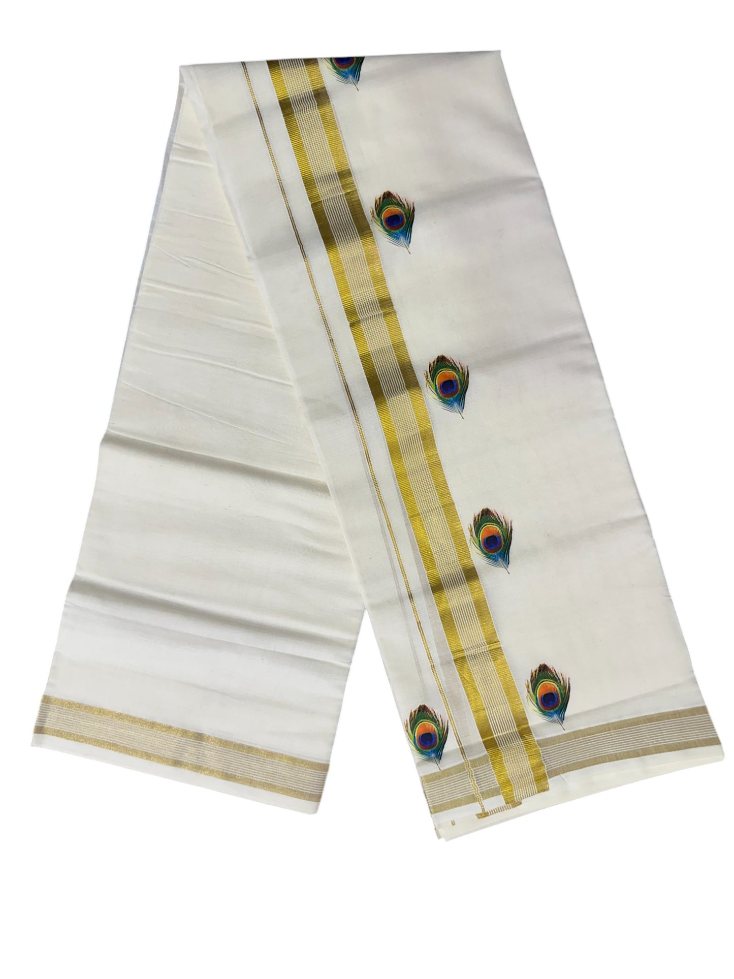 Southloom Lines Kasavu Double Mundu with Mural Print Along Kara