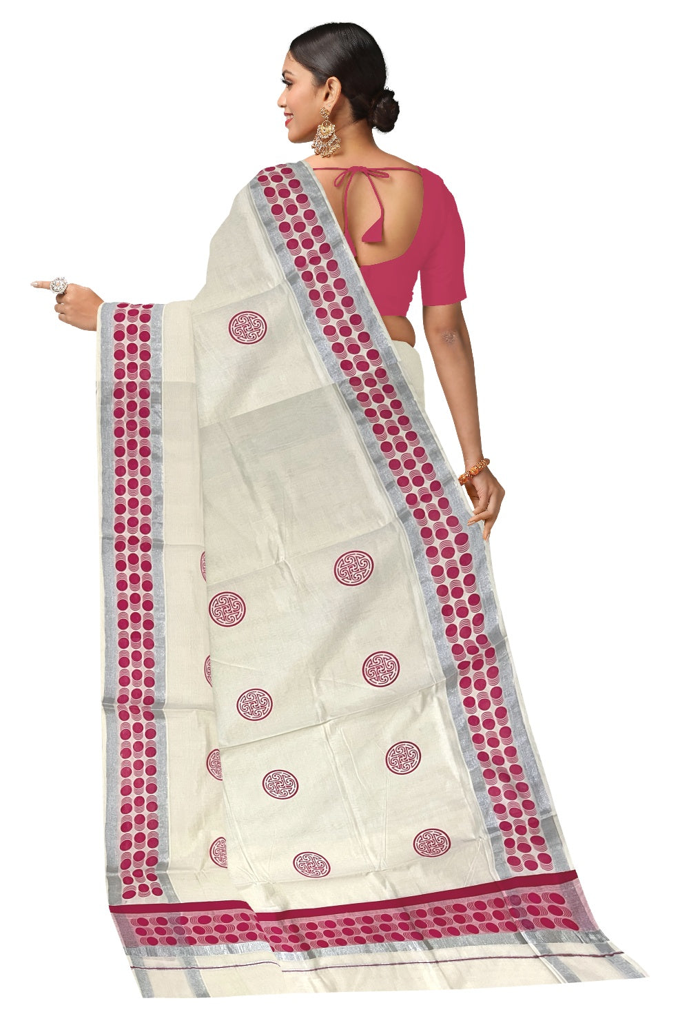 Pure Cotton Off White Kerala Saree with Pink Block Printed Silver Border (Onam Saree 2023)