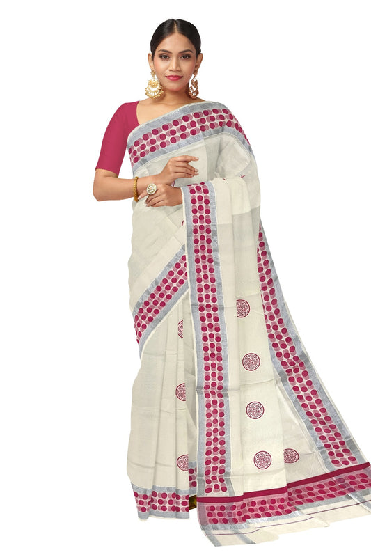 Pure Cotton Off White Kerala Saree with Pink Block Printed Silver Border (Onam Saree 2023)