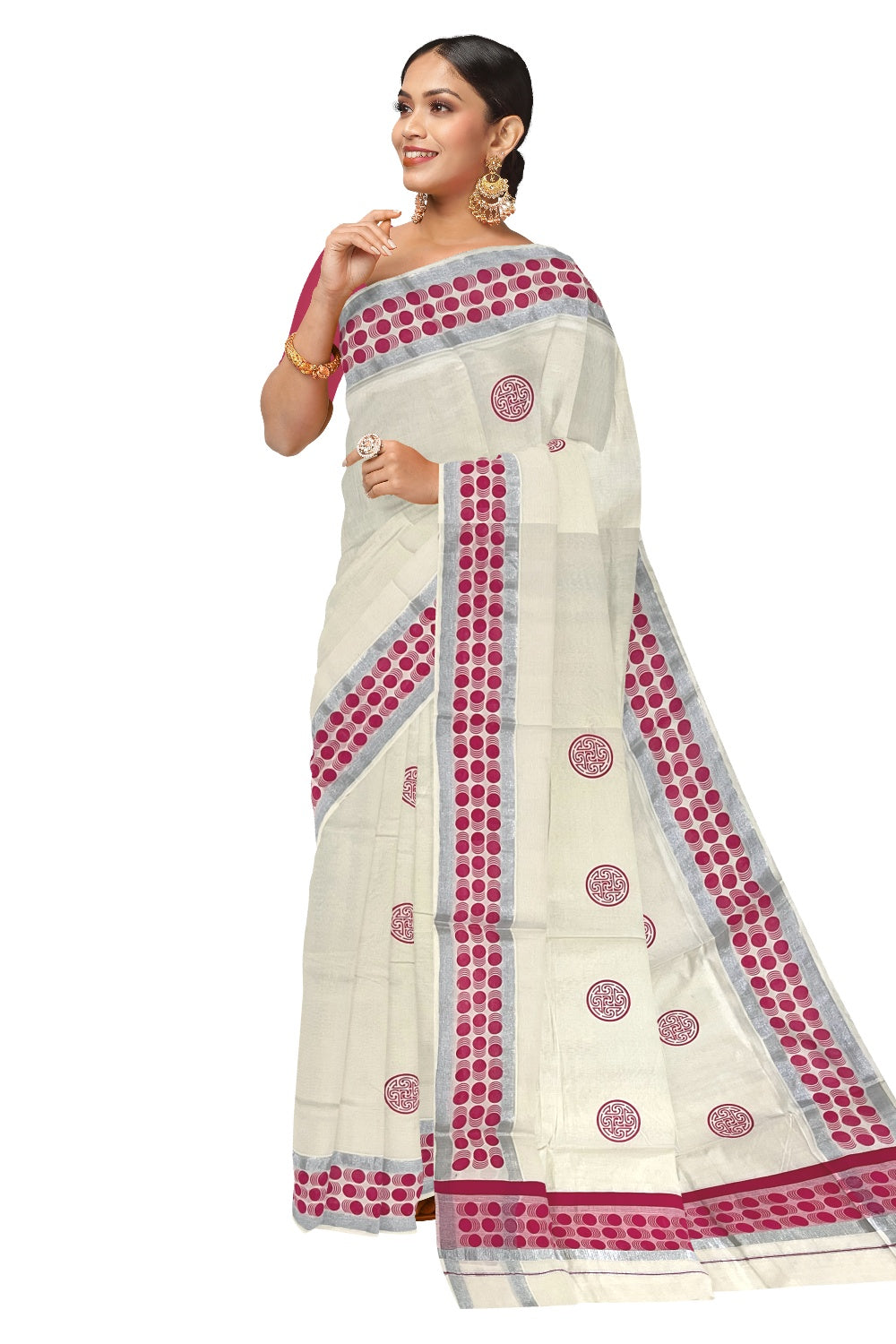 Pure Cotton Off White Kerala Saree with Pink Block Printed Silver Border (Onam Saree 2023)