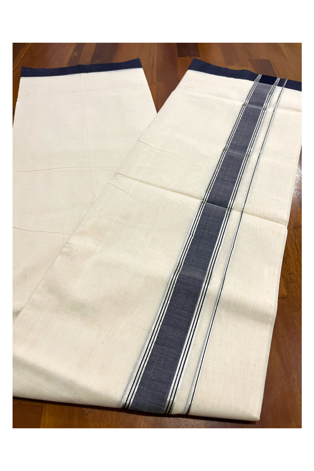 Southloom Premium Balaramapuram Unakkupaavu Handloom Mundu with Black and Silver Kasavu Border (South Indian Kerala Dhoti)