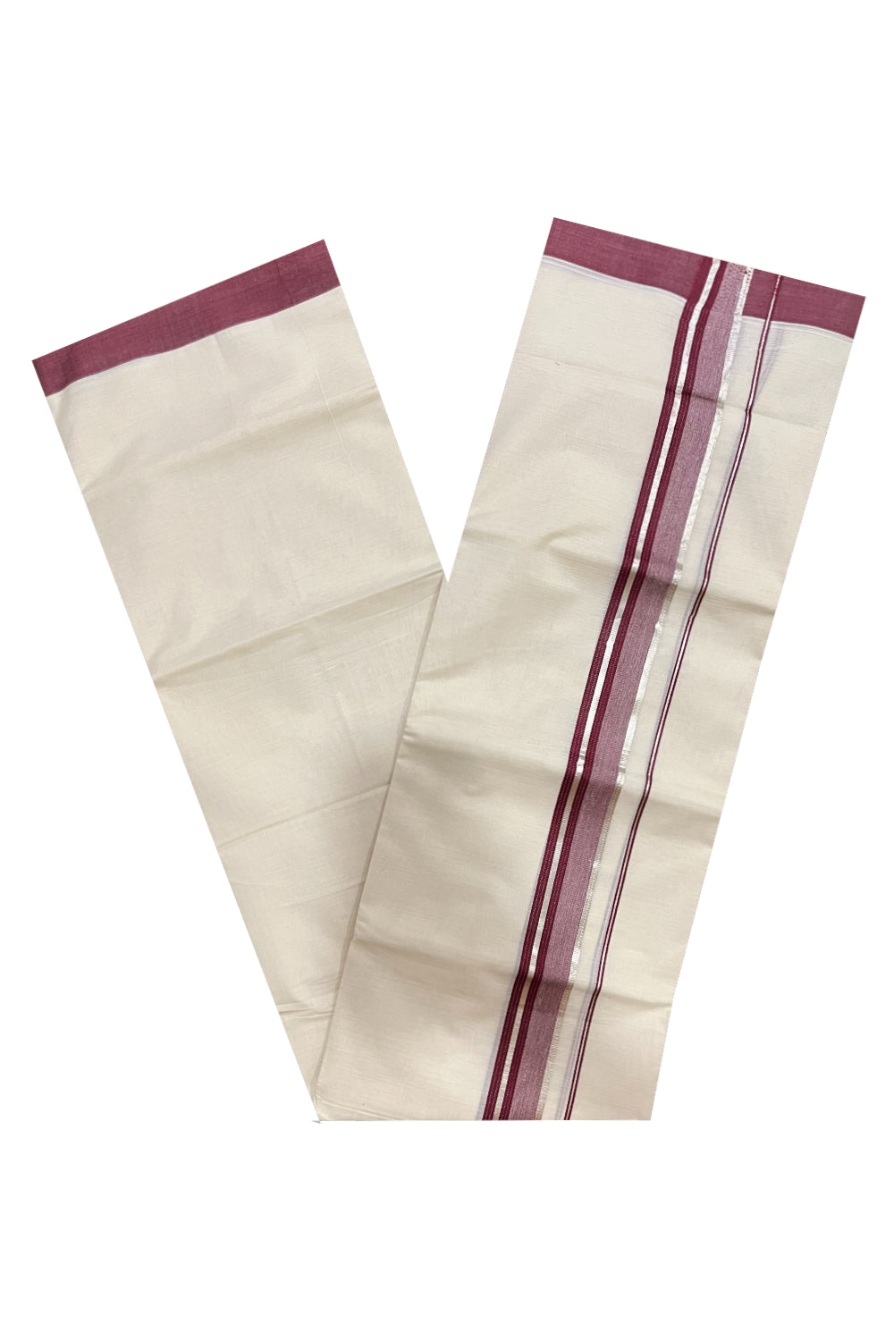 Pure Cotton 100x100 Double Mundu with Silver Kasavu and Maroon Border (Onam Mundu 2023)