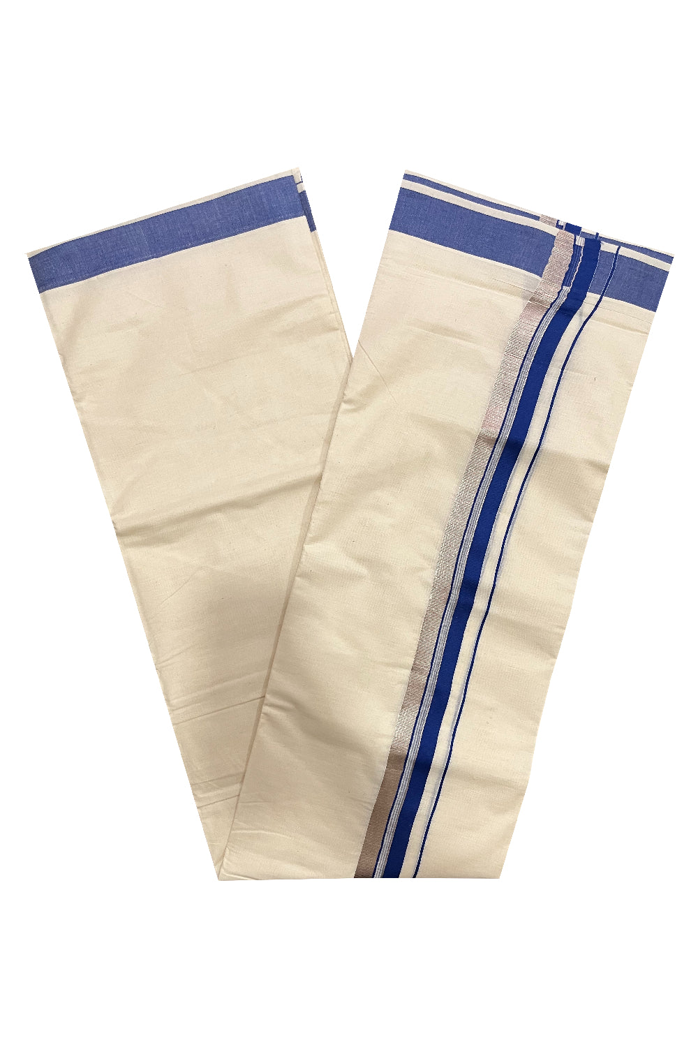 Pure Cotton Kerala Double Mundu with Blue and Silver Kasavu Kara (South Indian Kerala Dhoti)