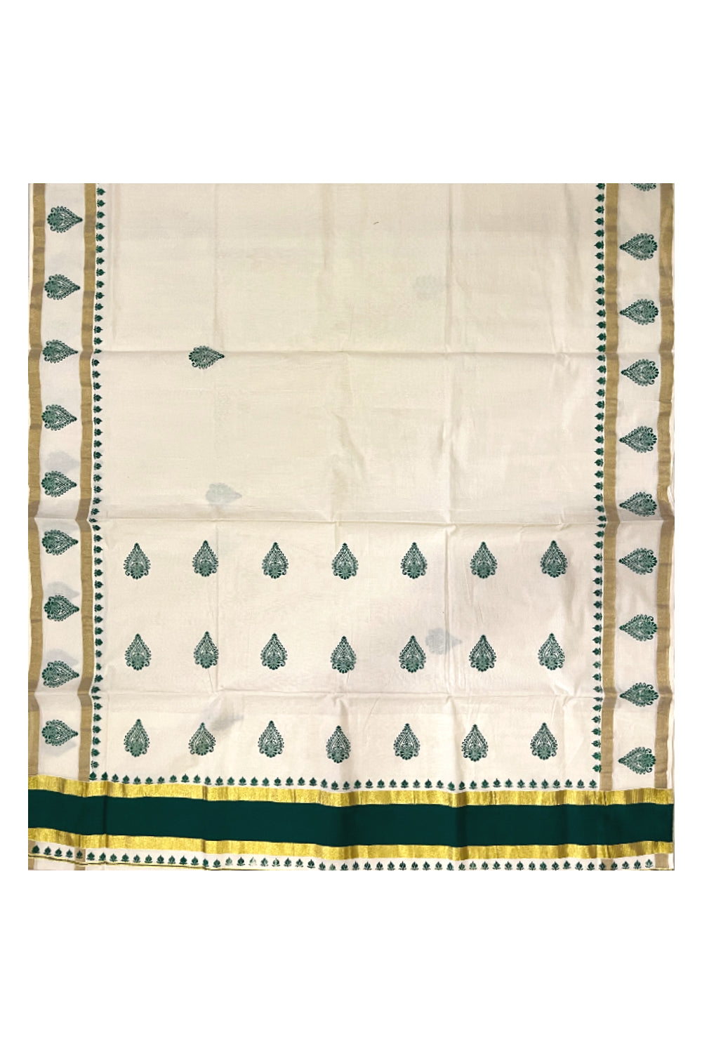 Pure Cotton Kerala Saree with Green Block Printed Kasavu Border (Onam Saree 2023)