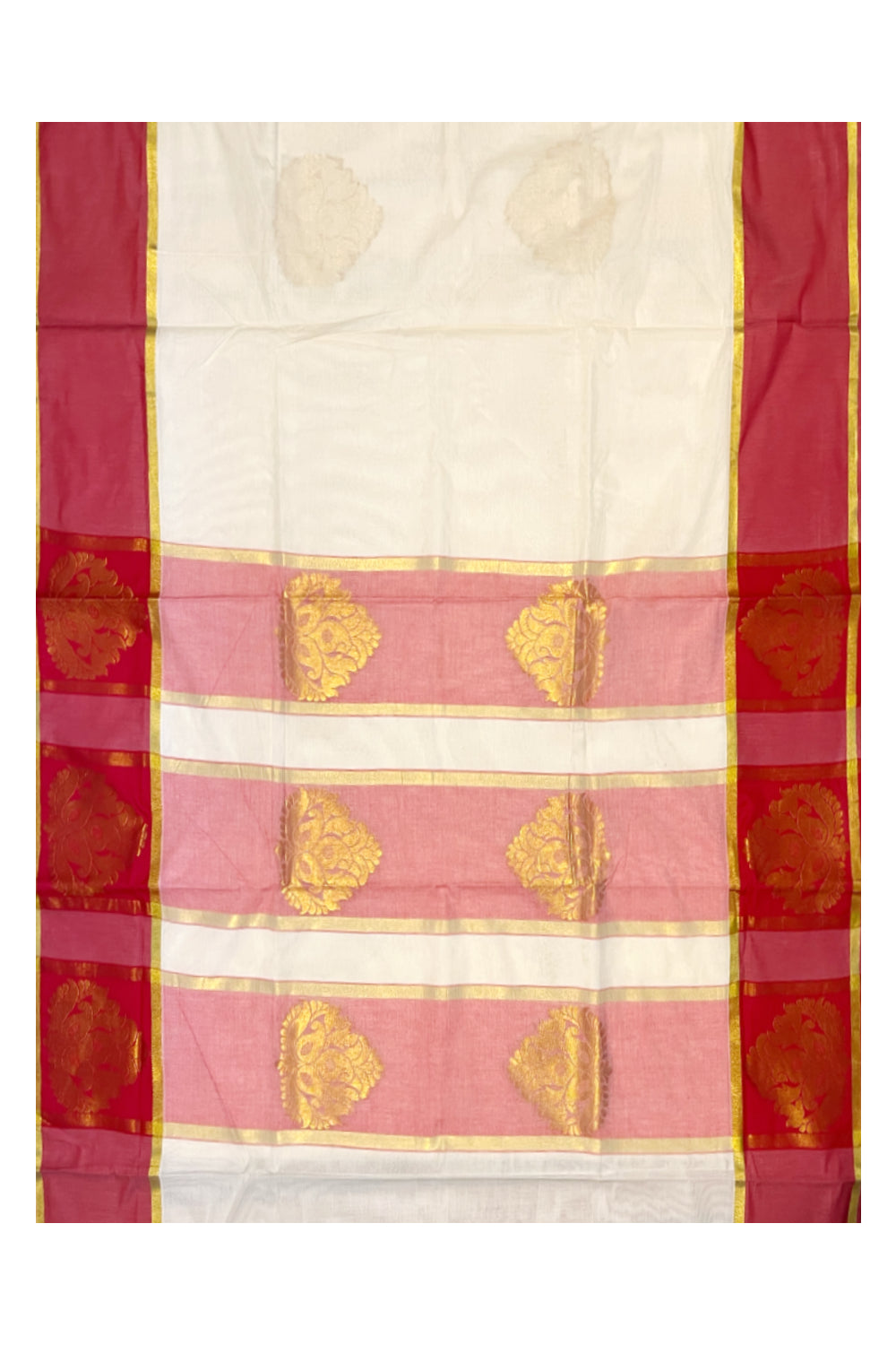 Kerala Kasavu Heavy Work Cotton Saree with Pink And Red Border