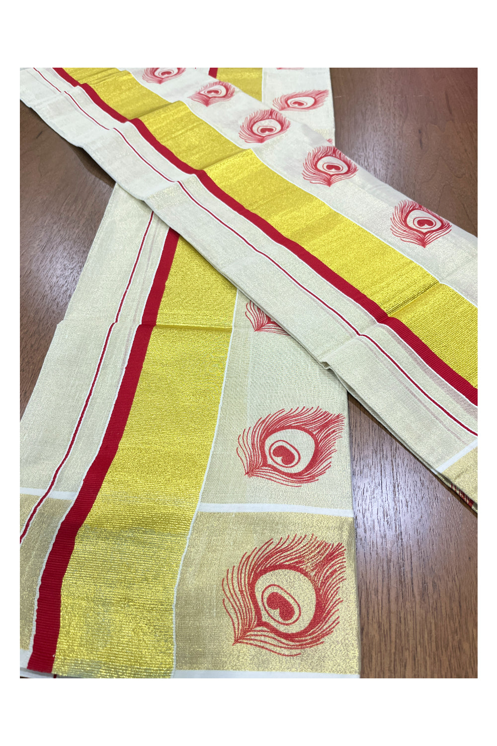 Kerala Tissue Kasavu Set Mundu (Mundum Neriyathum) with Red Feather Block Prints on Border 2.80 Mtrs