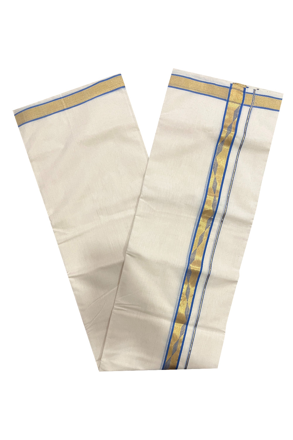 Southloom Premium Balaramapuram Unakkupaavu Handloom Mundu with Blue and Kasavu Woven Border (South Indian Kerala Dhoti)