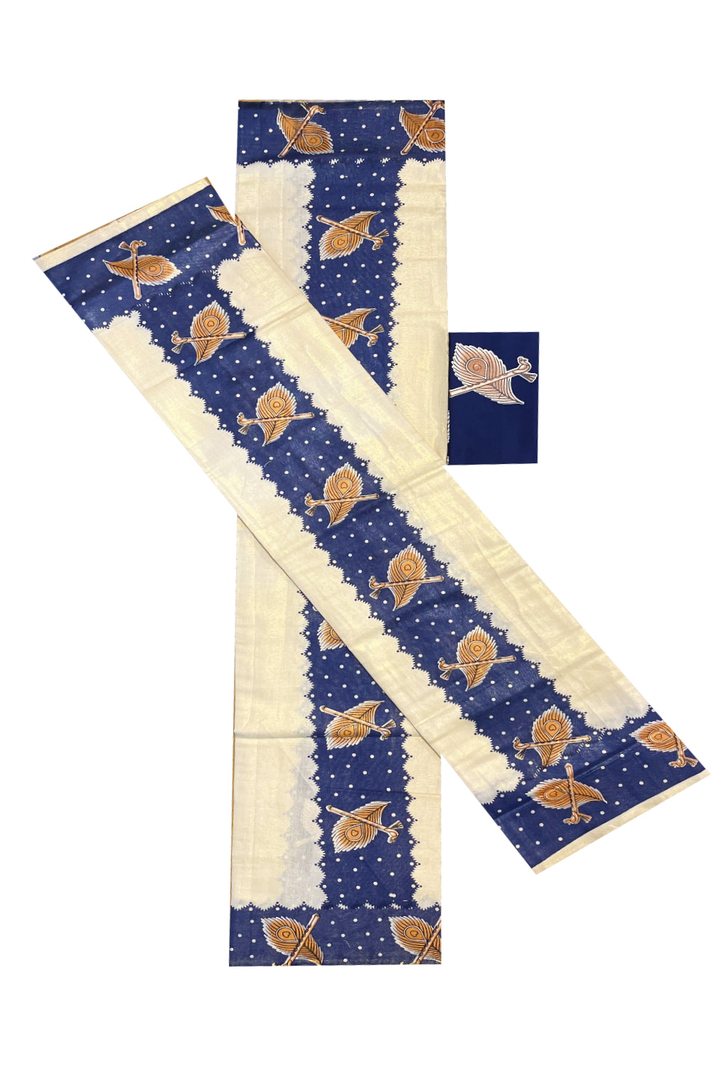 Kerala Tissue Single Set Mundu (Mundum Neriyathum) with Mural Prints on Blue Border And Matching Blouse Piece (2.80 Mtrs)