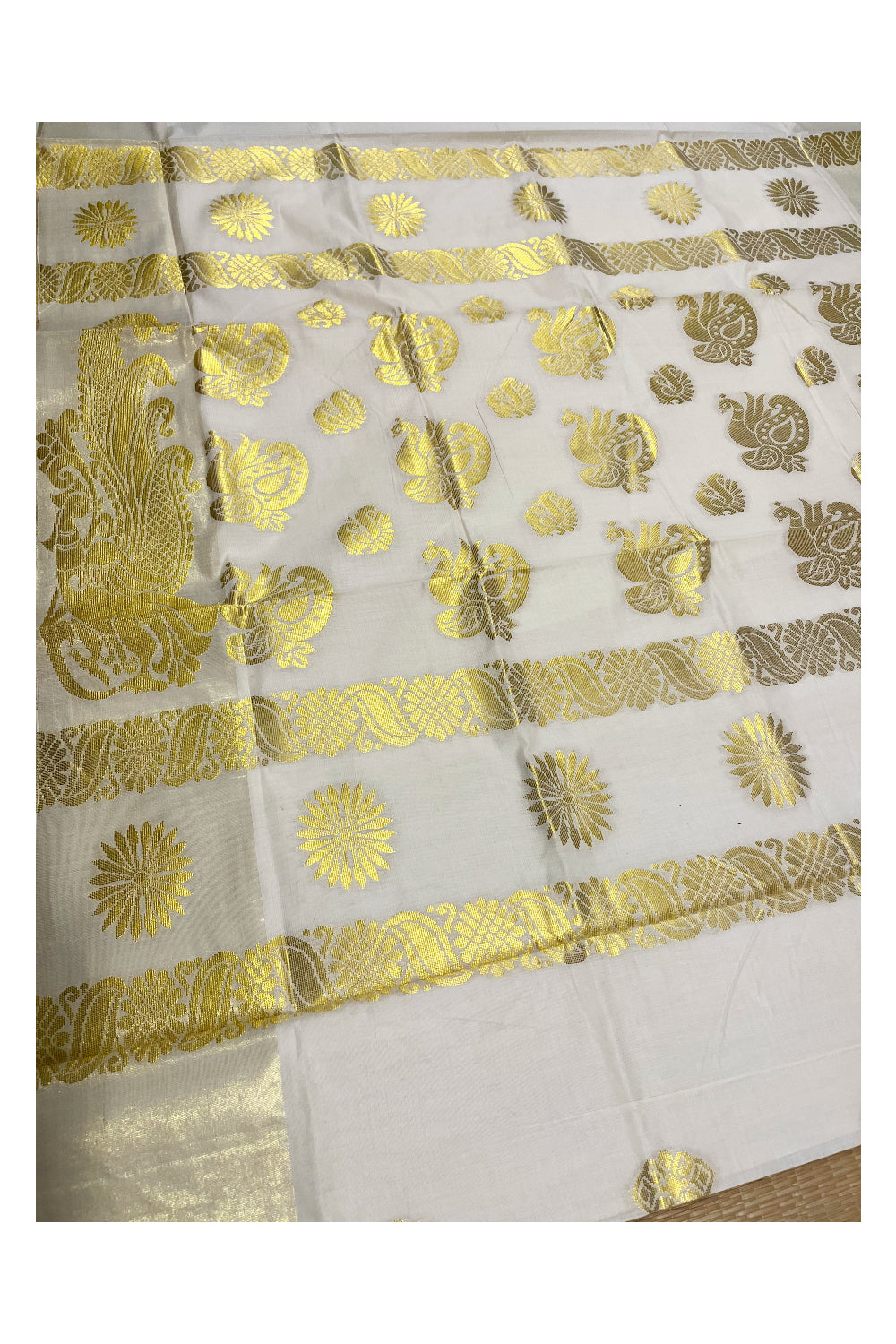 Kerala Cotton Kasavu Saree With Heavy Woven Works On Body