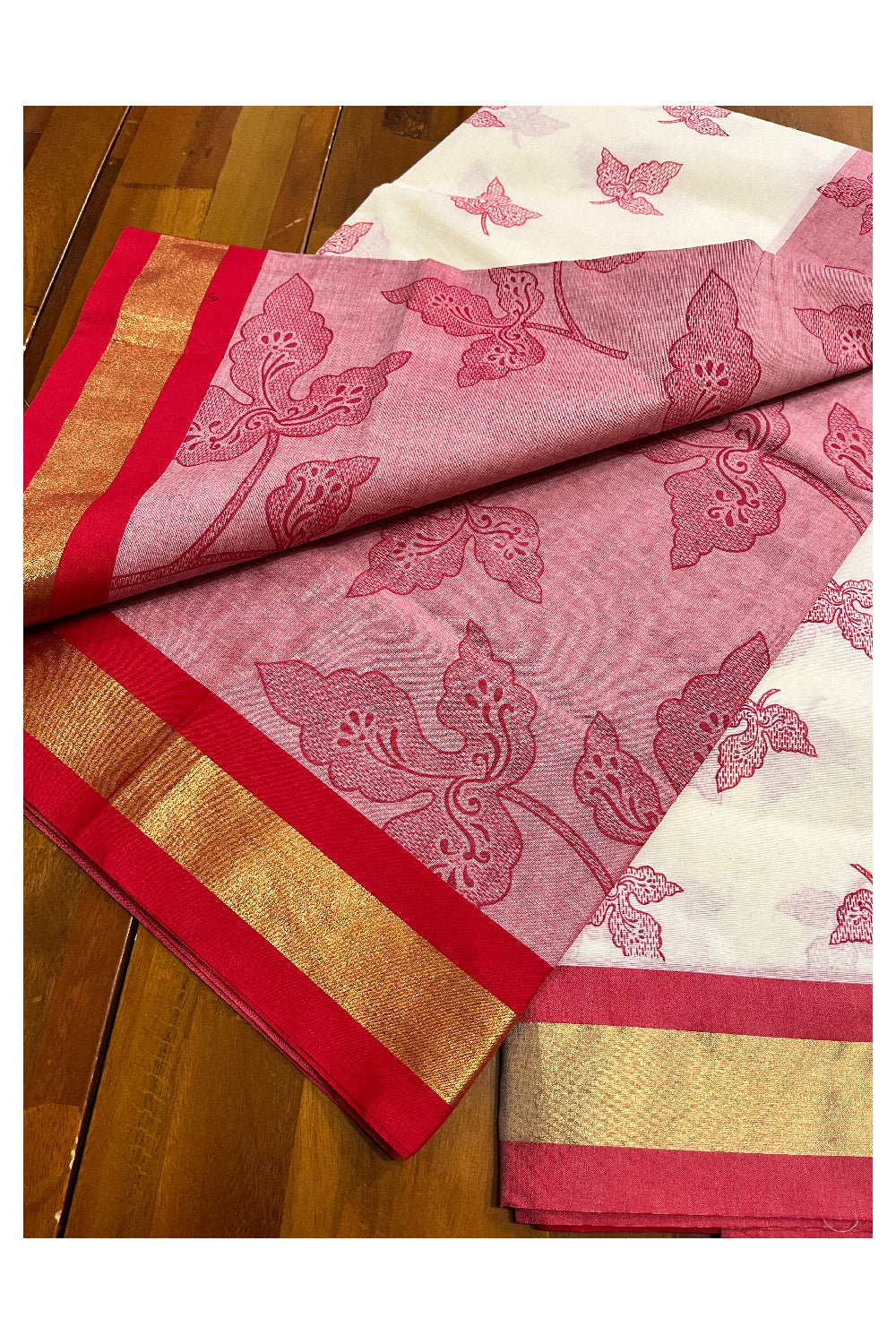 Pure Cotton Kerala Saree with Pink Block Print Leaf Designs and Kasavu Border (Vishu 2024 Collection)