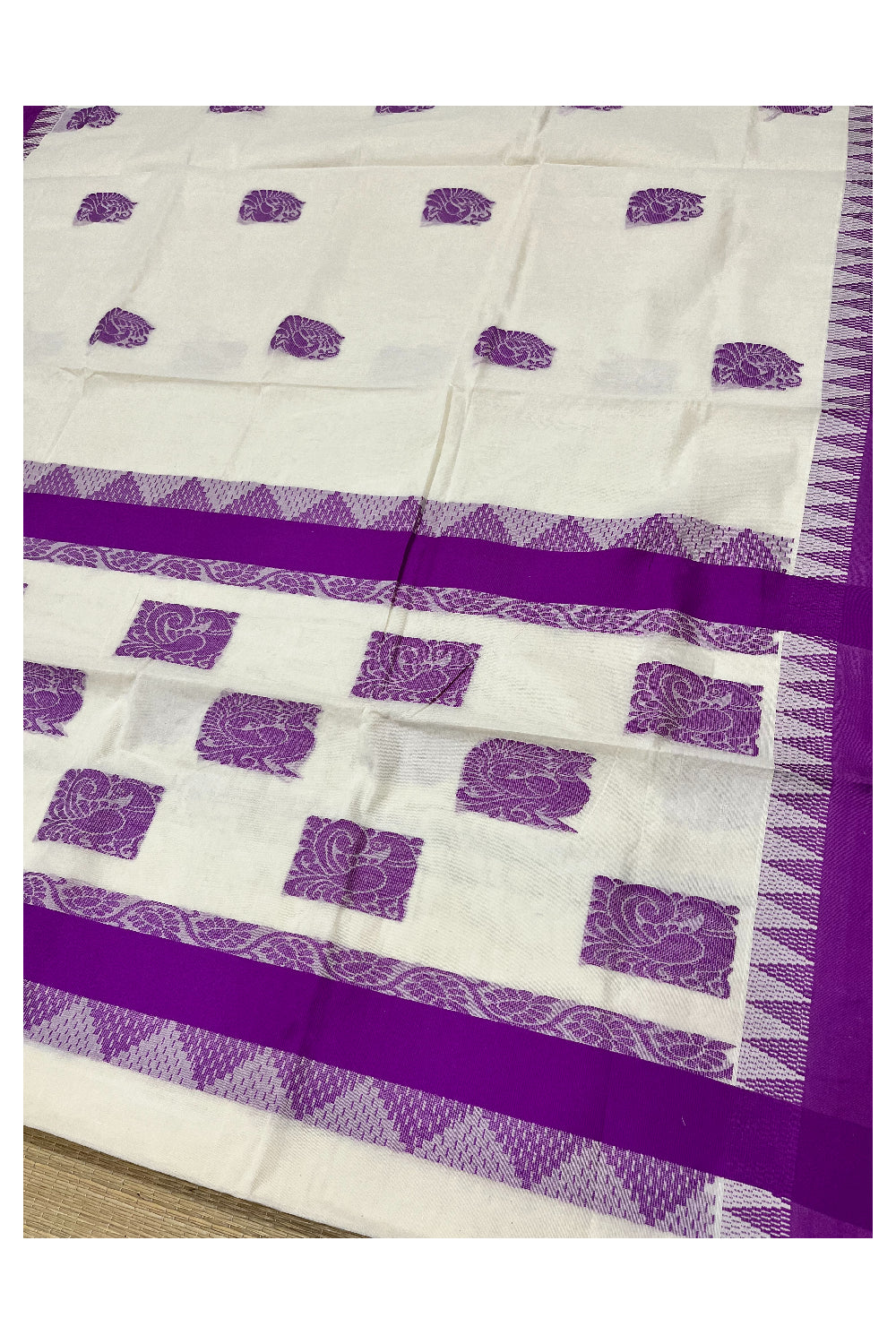 Pure Cotton Kerala Saree with Violet Heavy Woven Designs and Temple Border (Vishu 2024 Collection)