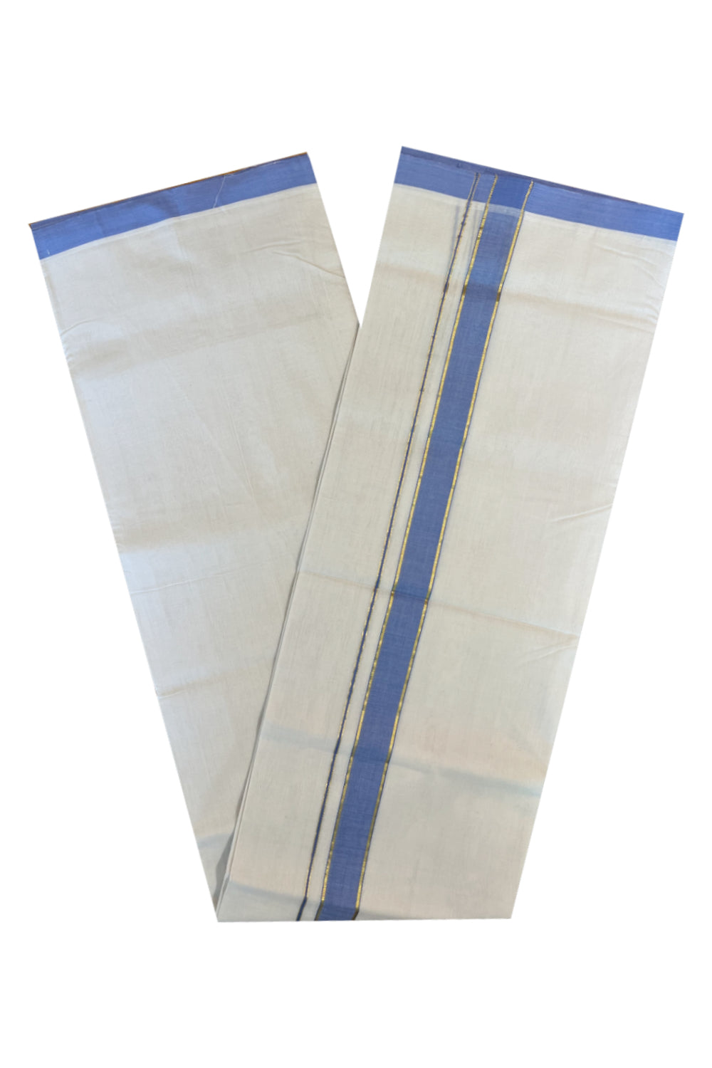 Southloom Premium Handloom Cotton Double Mundu with Blue And Kasavu Border