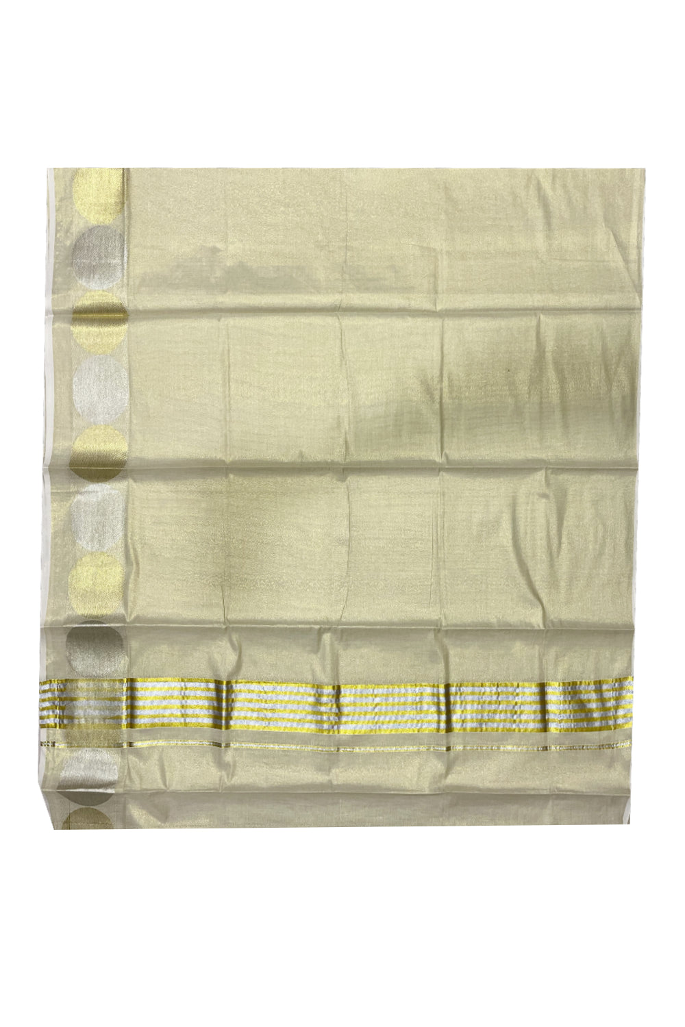 Kerala Tissue Kasavu Plain Saree with Golden and Silver Polka works across the Border and Lines Pallu