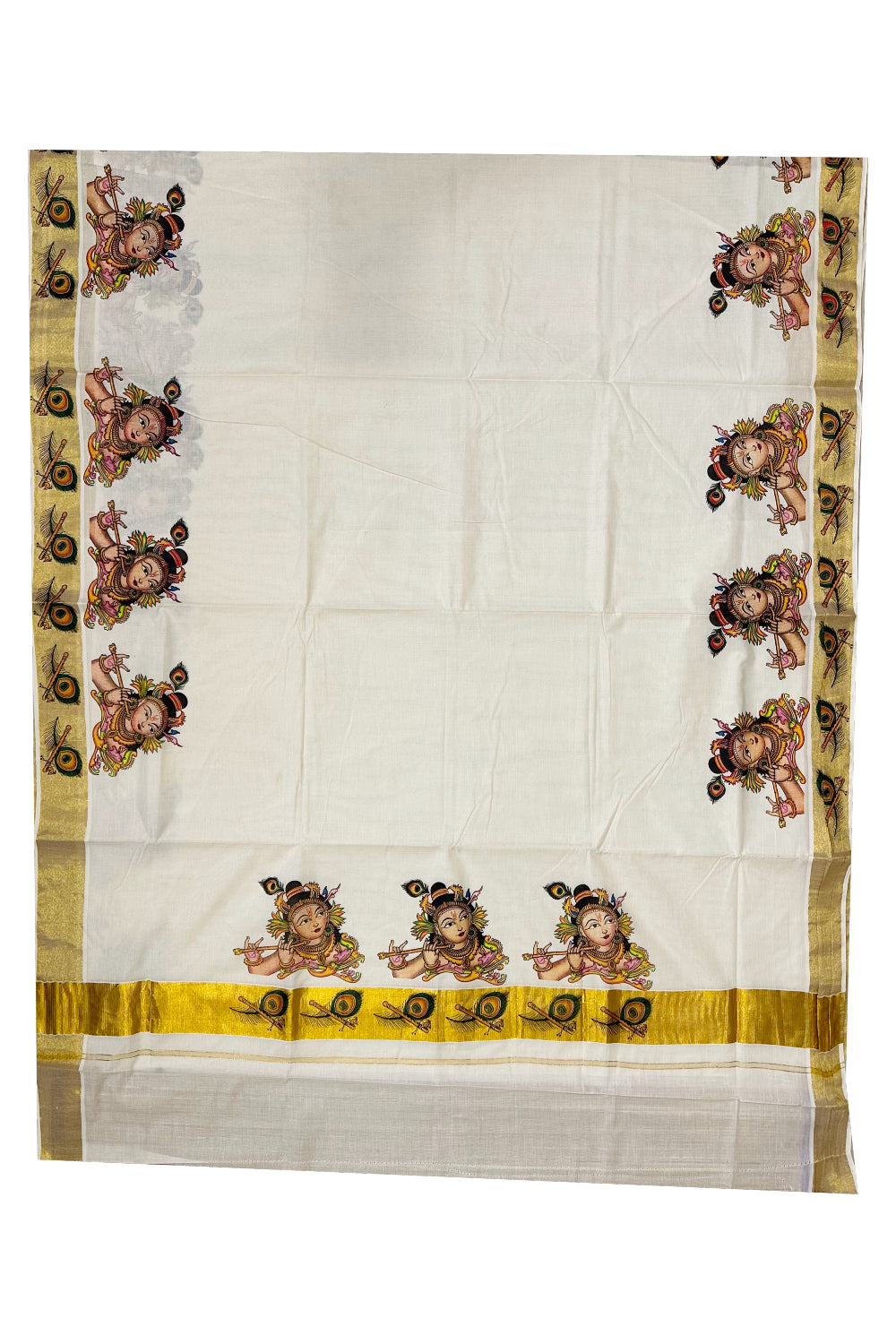 Pure Cotton Kerala Kasavu Saree with Krishna Mural Printed Design (Onam Saree 2023)