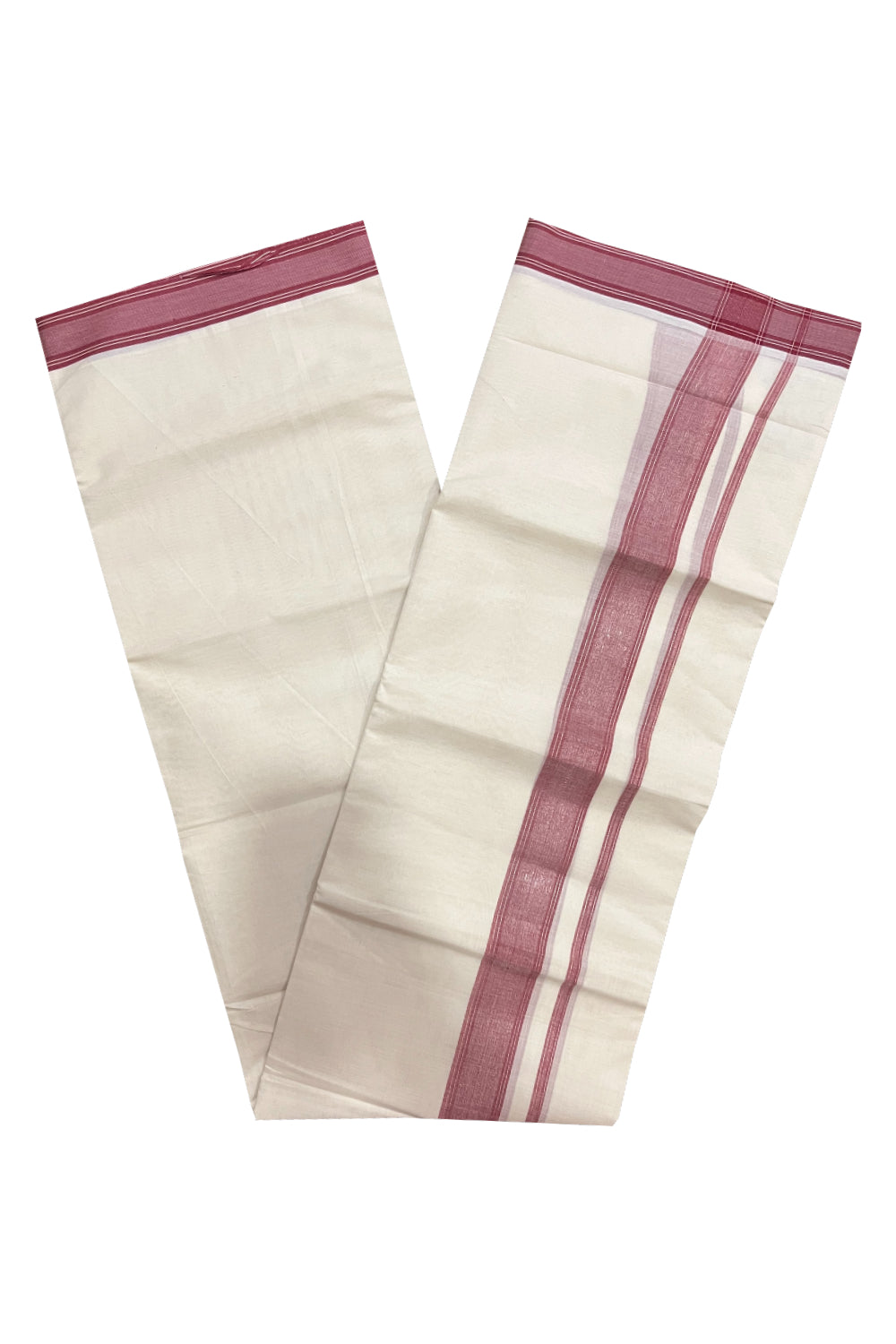 Pure Cotton 100x100 Double Mundu with Red and Silver Kasavu Line Border (Onam Mundu 2023)